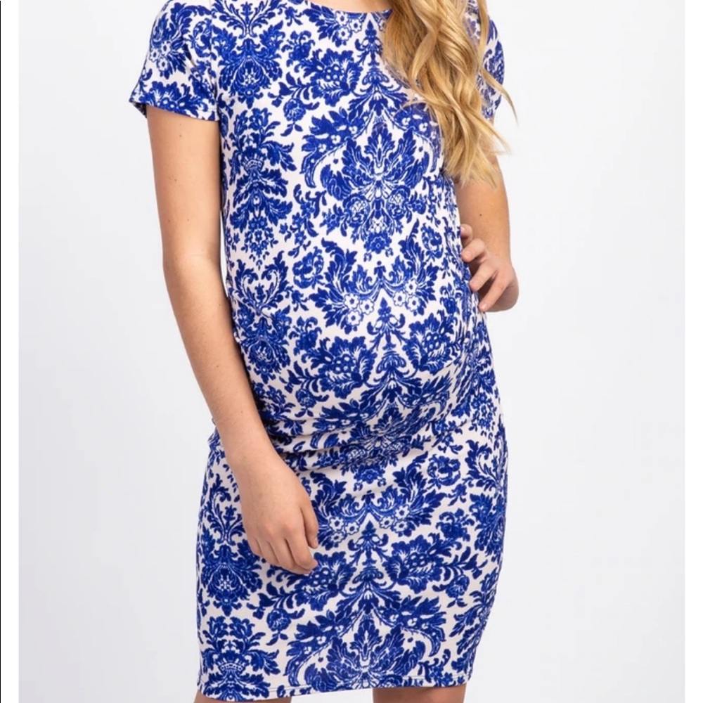 Pink blush blue printed short sleeve maternity dress, only worn once!